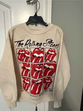 Zara Cream Sweatshirt with Red Rolling Stones Tongue Graphic